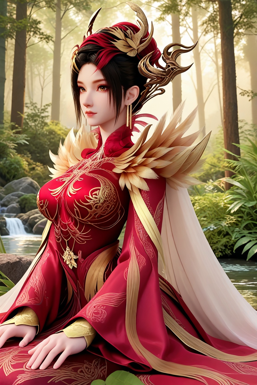 A woman lying on her stomach with her arms crossed under her chin, legs slightly apart.,<lora:XL16神国之上神子娘娘:1.05>,1girl,red corset gown,brown eyes,black hair,red streaked hair,hair ornament,yellow feathers capelet,white cape train,wide flowing sleeves,(large breasts:1.2),bamboo forest,water,river,stone,, score_9,score_8_up,score_7_up,score_6_up,score_5_up,score_4_up,3d rendering,tag1,tag2, Cinematic Lighting,backlighting,