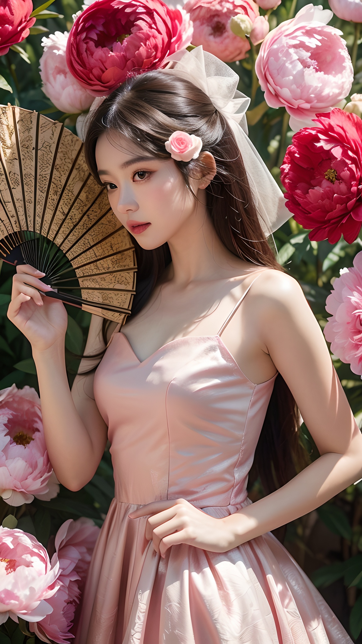A girl is flower fairy,alluring,enchanting,extremely beautiful,wearing a red Tang style dress,multiple colors,high definition,Rich in intricate details. 8K,illustration,crazy colors,Chinese fan,peony flowers,