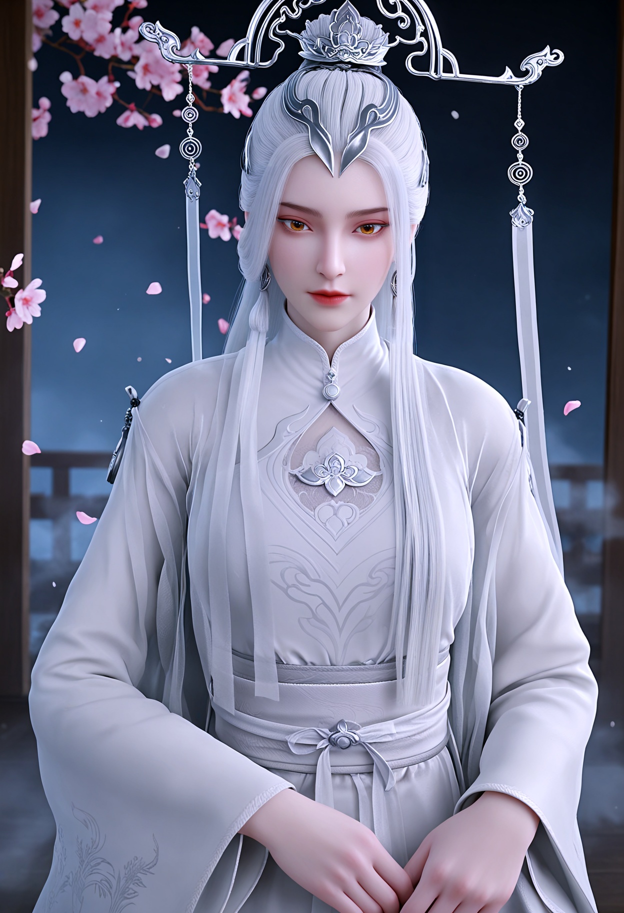 (upper_body:1.3),(looking_at_viewer:1.1),(masterpiece:1.1),(best quality:1.2),(intricate details),(smog:1.3),(Dark room:1.3),(dim lighting:1.3),peach blossom,falling petals,<lora:YQ_Illustrious光辉v5_剑妈_V1:0.8>,q1528437228,solo,1girl,white_hair,long_hair,hair_ornament,dress,jewelry,white_dress,long_sleeves,chinese_clothes,earrings,wide_sleeves,brown_eyes,sash,hair_stick,yellow_eyes,hair_bun,hanfu,robe,blue_eyes,crown,kimono,single_hair_bun,red_eyes,braid,obi,tassel,masterpiece,(best quality),(intricate details:0.9) BREAK (intricate details:0.9),(realistic skin:1.2),masterpiece,best quality,newest,absurdres,hiahres,