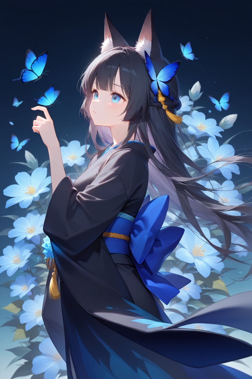 1girl,animal,animal_ears,black_hair,black_kimono,blue_bow,blue_butterfly,blue_flower,bug,butterfly,butterfly_hair_ornament,
