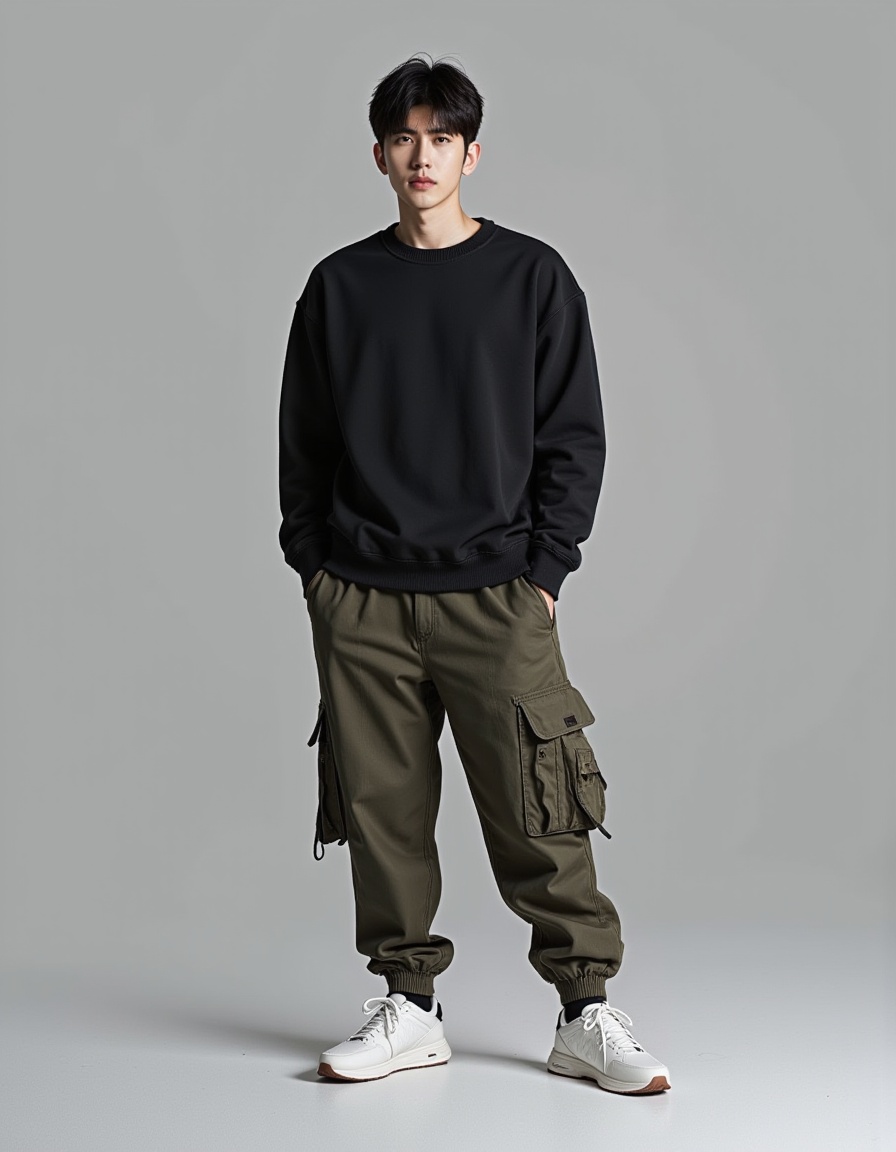 a real picture of a south korea man,In Cargo Joggers\(Jogger-style pants with cargo pockets,blending comfort and utility\).,