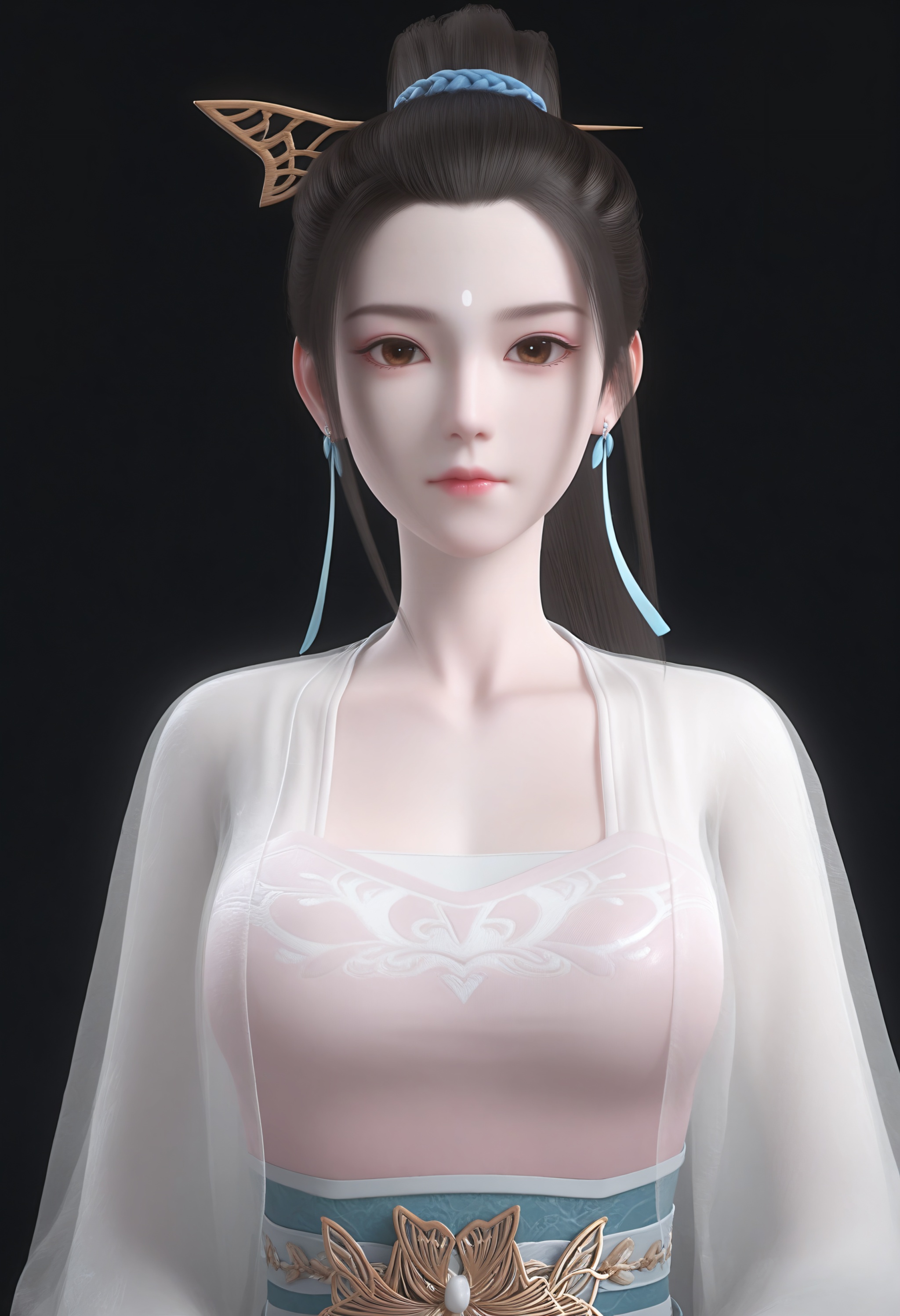 (score_9),light blush,body blush,<lora:应月茹-Apony:0.83>,yyr,1girl,solo,black hair,long hair,hair ornament,hair stick,hanfu,tassel earrings,ponytail,forehead mark,see-through,brown eyes,wide sleeves,belt,sash,glamor,skinny,collarbone,large breasts,see-through cleavage,see-through silhouette,see-through,looking at viewer,front view,(arms_behind_back:1.1),black background,OverallDetail,(white_skin),(Ivory_skin),<lora:perfect-eyes:0.8>,<lora:e色温:0.5>,<lora:Expressive_H:0.8>,<lora:e肤色滑块:0.5>,
