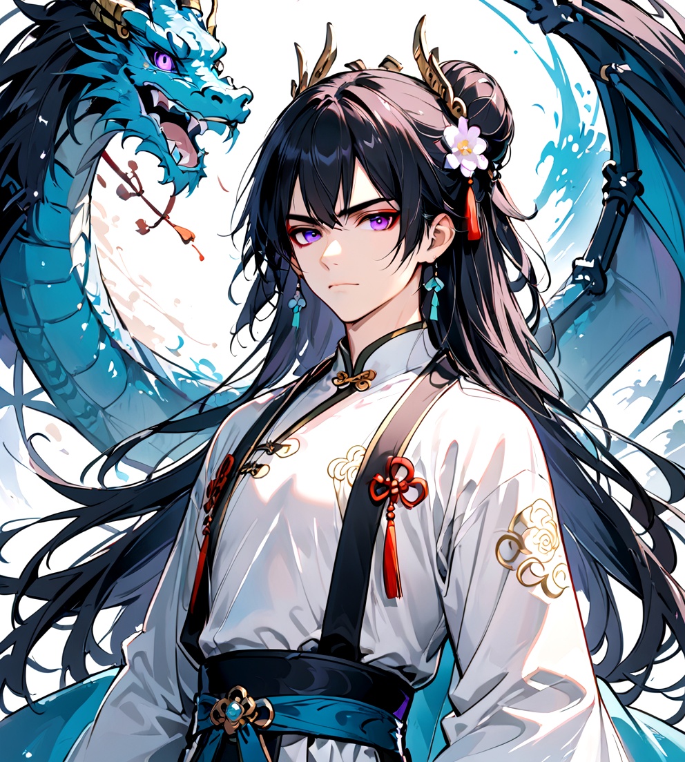 1boy,purple eyes,long hair,dragon,black hair,male focus,holding,weapon,looking at viewer,long sleeves,chinese clothes,solo,holding weapon,eastern dragon,hanfu,wide sleeves,upper body,closed mouth,sash,sword,floating hair,hair ornament,serious,hair bun,
