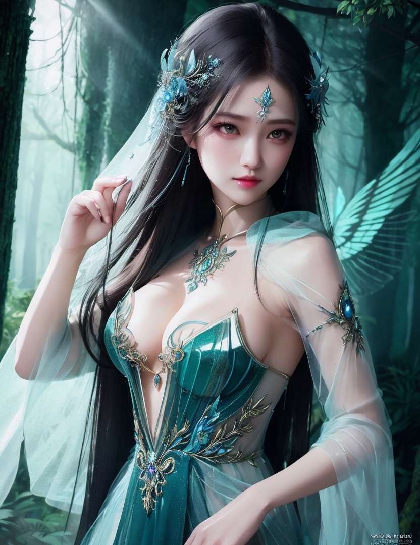 <lora:525-DA-斗破苍穹-萧薰儿-V2:0.8>(,1girl, ,best quality, ),looking at viewer,  ,ultra detailed background,ultra detailed background,ultra realistic 8k cg,(masterpiece:1.2),(best quality:1.2),(ultra detailed:1.2),(official art:1.3),(beauty and aesthetics:0.8),detailed,(intricate:0.8),(highly detailed),(solo),delicate countenance,1girl,fancy,(glassy texture:1.2),(crush:1.2),8k,accessory,tattoo,(transparent:1.1),gown,energy encirclement,instant,in the twinkling of an eye,upper body,woman in a mythical forest, masterpiece, perfect face, intricate details, horror theme, raw photo, photo unp(cleavage),, age), (),