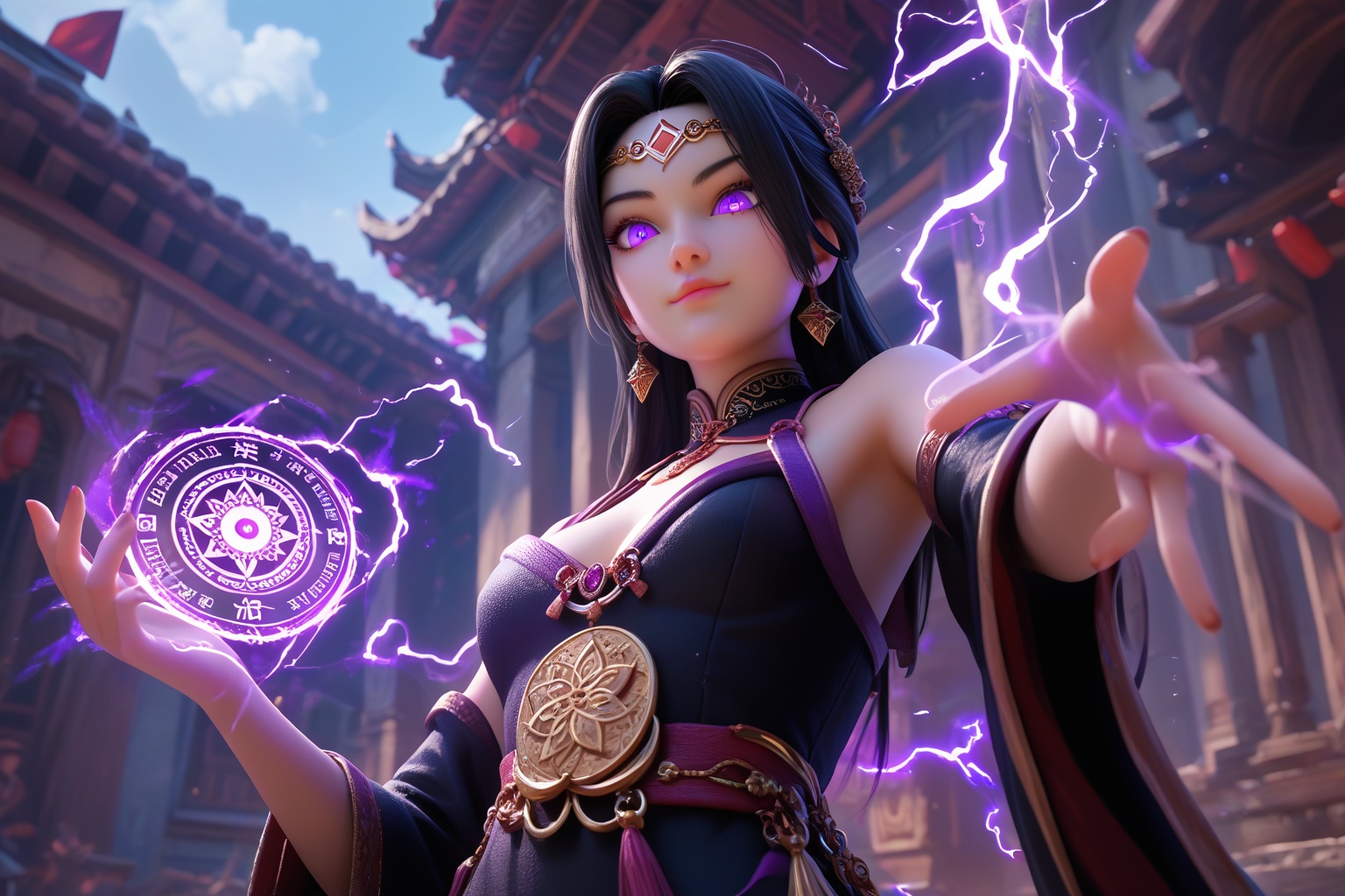 Dark style,score_9,score_8_up,score_7_up,(masterpiece),(highest quality),highres,(extremely detailed),High quality texture,incredibly absurdres,Dark style,ancient style beauty,long black hair,purple eyes,purple gilded black lotus,black dress,cleavage,upper_body,dark magic,(surrounded by purple electricity),glowing eyes,from_below,reaching right hand,(a balck lotus floating on the hand),(emitting a faint purple glow),serious,kubrick_stare,magic circles,chinese style architecture,glowing forehead mark of lotus,evil smile,