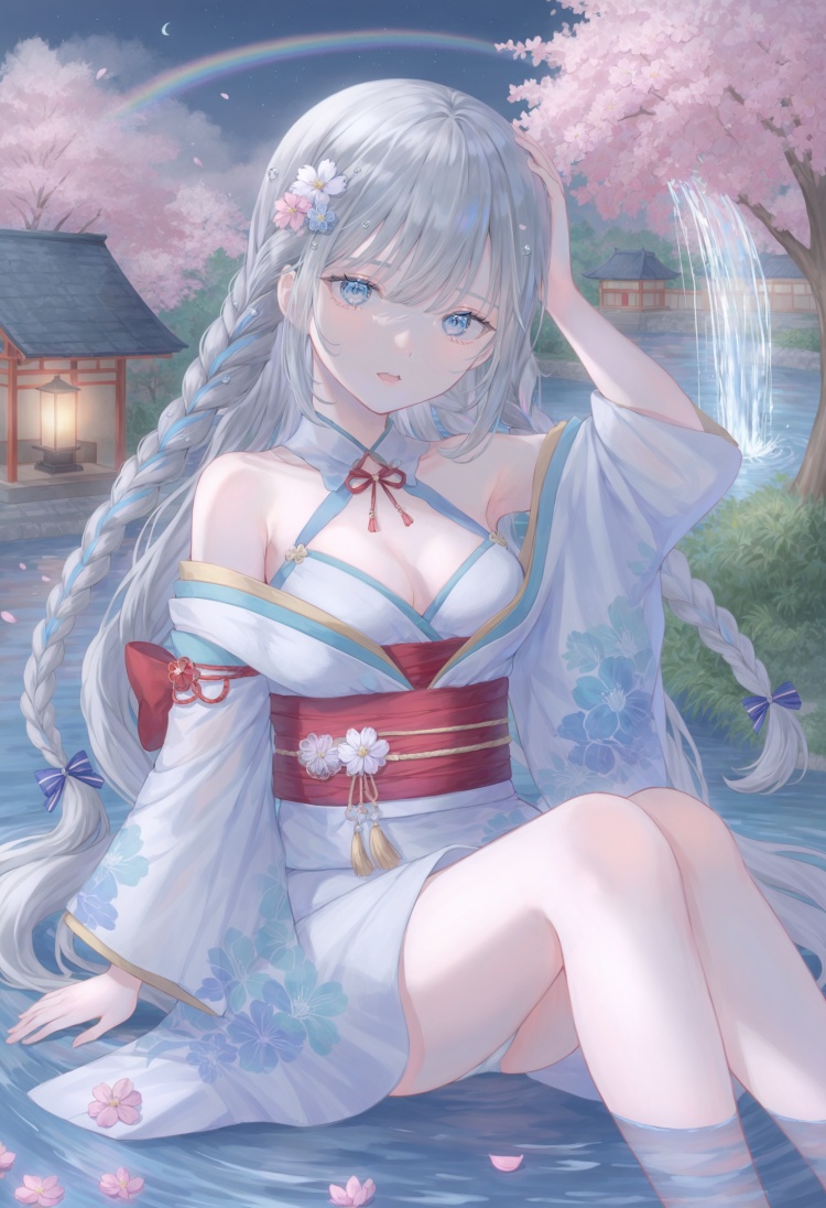 best quality, masterpiece,1girl, breasts, solo, looking at viewer, detached sleeves, hair ornament, long hair, water, hair flower, braid, flower, blue eyes, medium breasts, bangs, arms up, fountain, cleavage, armpits, twin braids, underwear, grey hair, very long hair, panties, thighs, multicolored hair, open mouth ,scenery, kimono, japanese clothes, architecture, tree, cherry blossoms, east asian architecture, rainbow, solo, outdoors, sky, reflection, water, sitting, night, petals, solo, japanese clothes, kimono, bare shoulders, off shoulder, hime cut  <lora:poireXLlokr4f-000287:0.7>