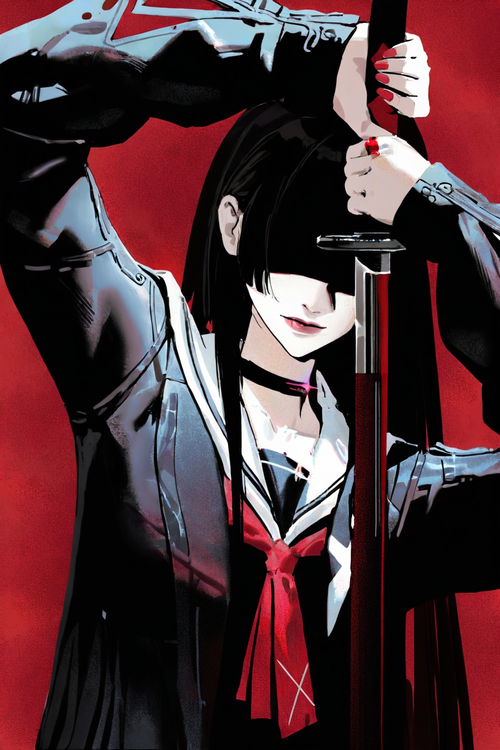 nonchalant,masterpiece,best quality,amazing quality,absurdres,1girl,weapon,sword,katana,solo,holding_weapon,holding,holding_sword,looking_at_viewer,arms_up,unsheathing,upper_body,red_theme,red_background,<lora:add-detail-xl:1.4>,<lora:nonchalant:1>,<lora:Chisa-will-Tanger-000014:0.8>,Chisa \(Wuthering Waves\),clothes: Chisadef Dark Academia school uniform,Chisadef Oversized Jacket,Chisadef Pleated mini Skirt,1girl,long hair,black hair,serafuku,loafers,choker,Medium close-up,(upper body),centered composition,