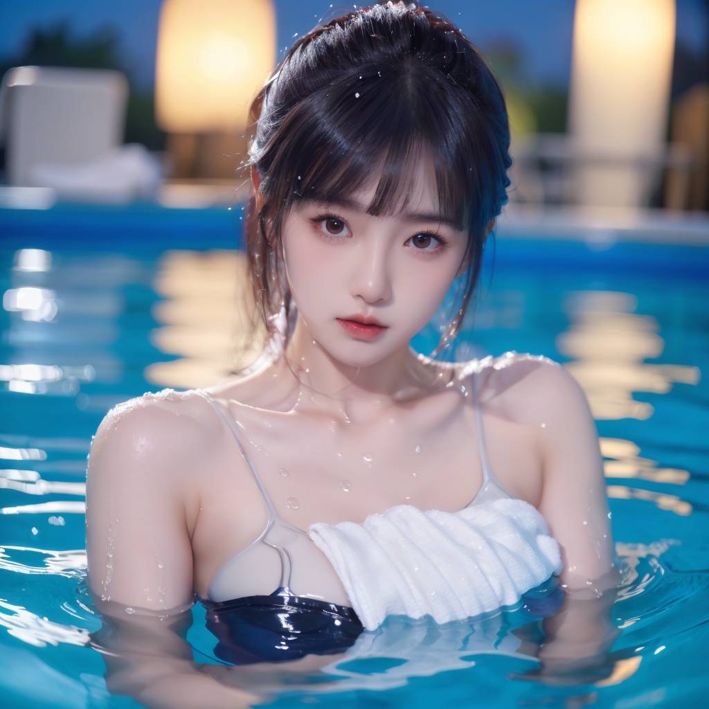 1girl,towel,partially submerged,breasts,brown eyes,lips,water,waves,wet,Pool,Red lips, close-up, water vapor, lighting, at night, <lora:20231109-1699510907344:0.6>
