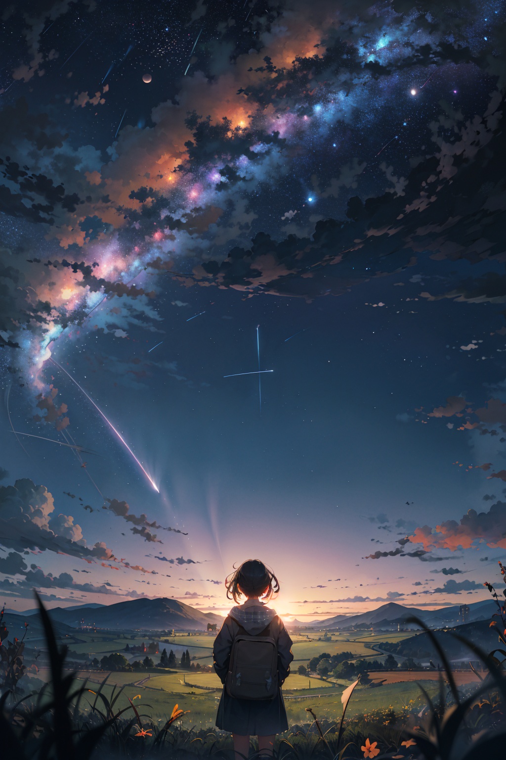 masterpiece,best quality,from behind,your name,1girl,solo,far away,silhouette,grass,nature,open field,landscape,night,shooting star,starry sky,