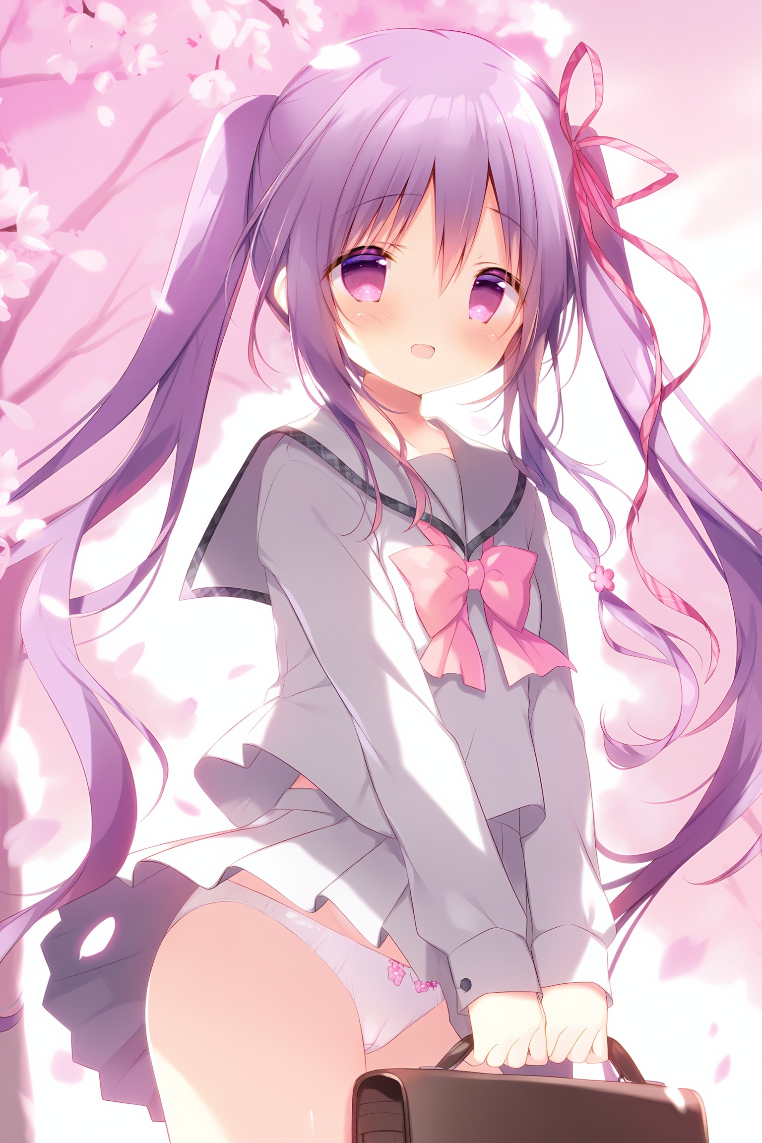 shiratama, 1girl, solo, underwear, school uniform, panties, skirt, long hair, twintails, white panties, bow, purple hair, holding, blush, pleated skirt, shirt, very long hair, serafuku, bangs, hair between eyes, sailor collar, ribbon, long sleeves, hair ribbon, cherry blossoms, smile, looking at viewer, bow panties, school bag, bag, purple eyes, petals, grey skirt, outdoors, open mouth, sleeves past wrists, grey shirt, :d, pink bow, braid, holding bag, pink ribbon, wind lift, wind, pink flower, tree, cameltoe, white skirt, standing, sidelocks