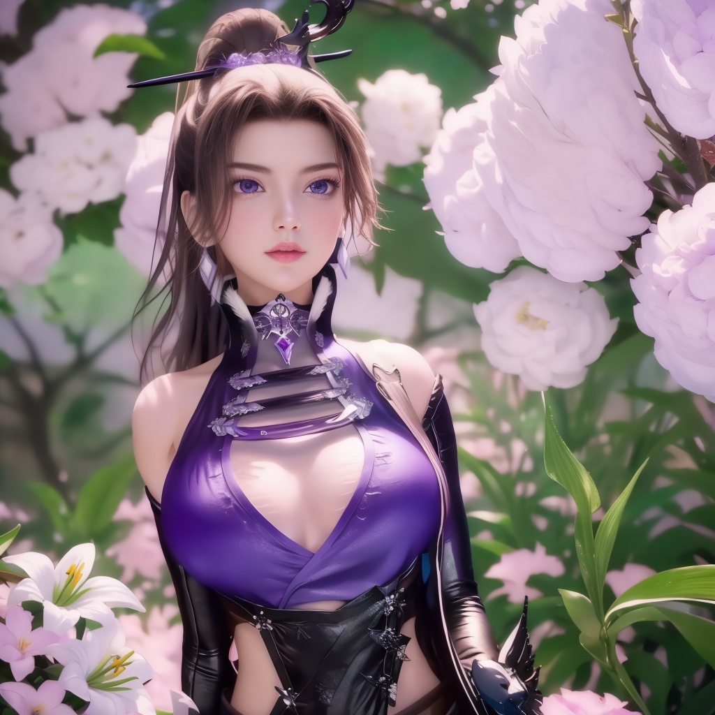 <lora:万界至尊-李雪衣-皮衣:0.8>, (,1girl, ,best quality, ),looking at viewer,  ,ultra detailed 8k cg,ultra realistic 8k cg,1girl, solo,(bare shoulders:0.85),(masterpiece, best quality),((oil painting style)),sexy young lady,(beautiful face and eyes),(upper body:1.5),(whole body:1.05),(single person:1.2),surrounded by flowers, (lily), roses, floret, vegetation, white, purple, purplish pink,Impressionism,colorful,(Breast size:1.3),(cleavage),,