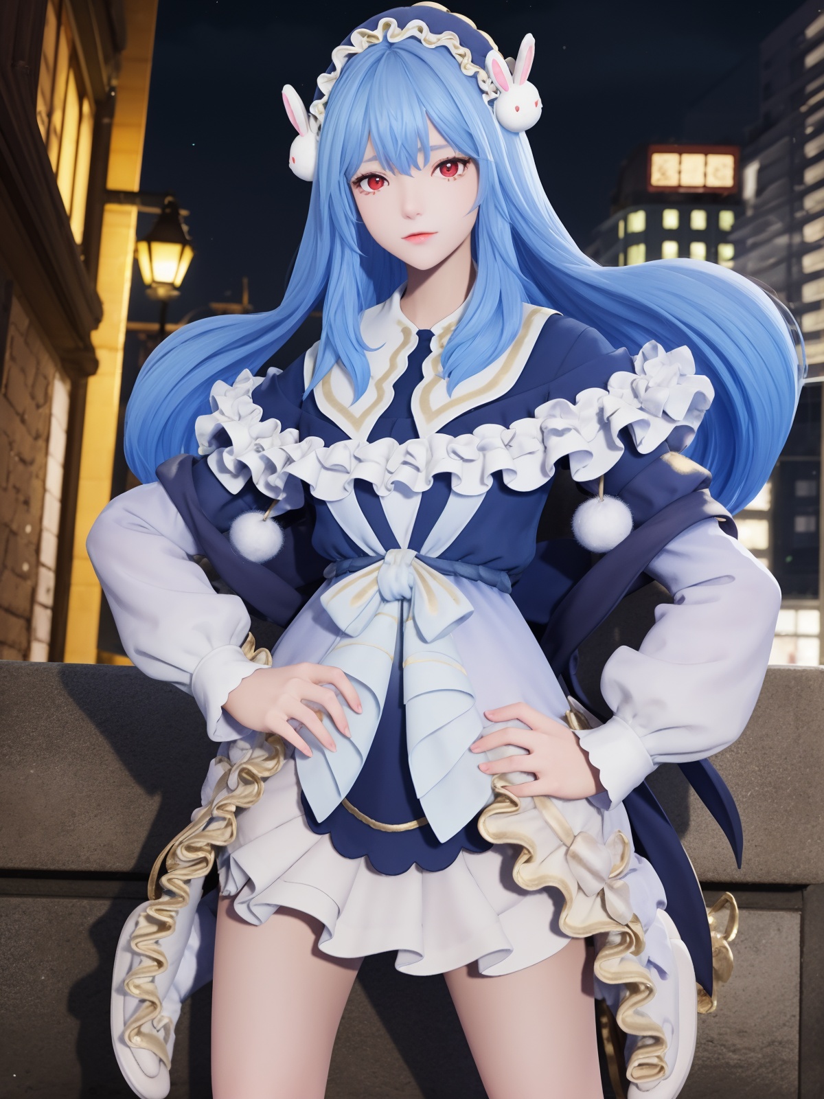 WZRYchangeNDMT, 1girl, solo, long hair, blue hair,dress, looking at viewer, closed mouth,puffy long sleeves, bow, red eyes, frills, hair ornament, rabbit hair ornament,slippers, loose socks, <lora:WZRYchangeNDMT:0.75>,cityscape, night, 