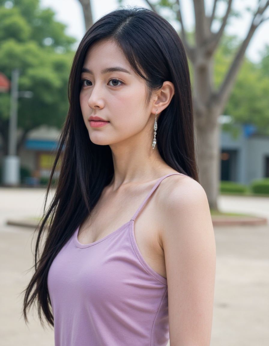 realistic, photorealistic, upper body, 1girl, solo, black hair, long hair, dress, jewelry, earrings,  looking at viewer, outdoors,