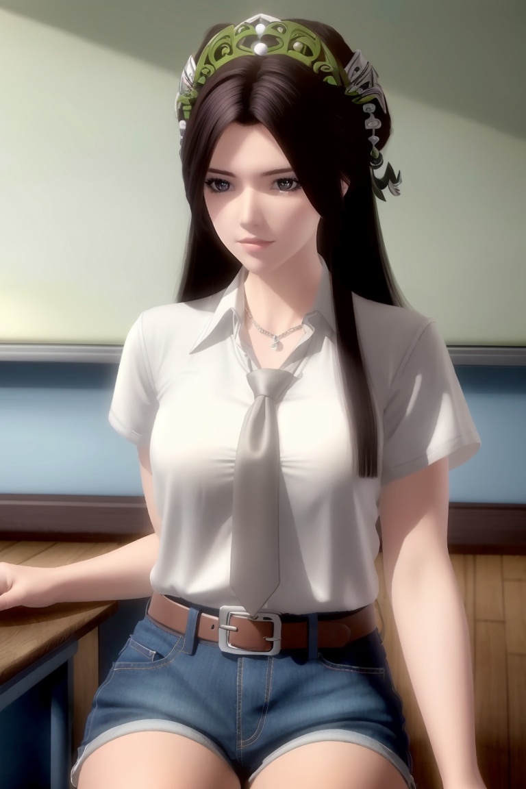 ((HRD, HUD, 8K)),((masterpiece, best quality)), highly detailed, soft light,1girl, solo, long hair, hair ornament, black hair, brown hair, brown eyes, lips,(white shirt:1.2), necktie, denim shorts,blurry background, classroom, chalkboard, sitting, cowboy shot, looking at viewer, <lora:20240506-1714960445475:0.7>