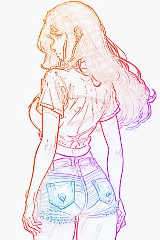 8k,best quality,masterpiece,realistic,1girl,solo,ass,sexy jeans,black hair,long hair,denim shorts,from behind,thighs,shirt,wavy hair,denim shorts,ass focus,medium breasts,(cowboy shot),simple background,white_background,<lora:One_Last_Kiss:1>,