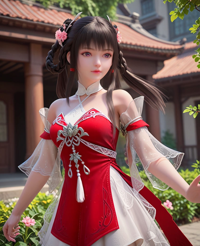 (oriental architecture, elegant decor, sophisticated style:1.1),in ecstasy,(breasts:1.2),<lora:XL完美世界少女火灵儿:0.9>,miss huolinger,solo,red corset with white minidress underneath,see-through fart curtain,see-through sleeves,purple eyes,bangs,hair rings,hair flower,black hair,long hair,hanging hair,twintails,tassel,, zPDXL2, score_9, score_8_up, score_7_up BREAK realistic, masterpiece,best quality, highly detailed,, zPDXL3, zPDXL2,zPDXL, zPDXLxxx, zPDXLrl,