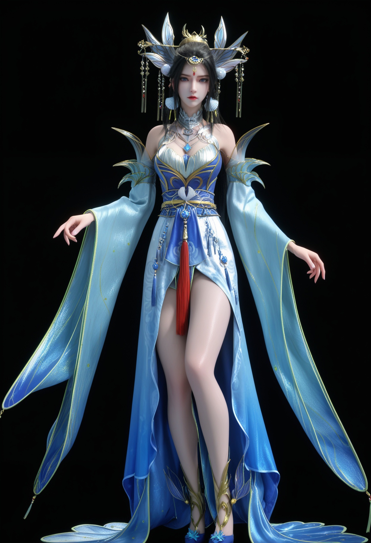 (cowboy shot:1.2),score_9,score_8_up,masterpiece,(best quality),intricate details,facing viewer,(looking at viewer:1.1),<lora:YQ_pony_chuxuan_V4:0.8>,q1528437228,1girl,solo,hair ornament,black hair,long hair,jewelry,dress,earrings,blue dress,chinese clothes,detached sleeves,blue eyes,sash,necklace,high heels,hair bun,tiara,blue footwear,brown hair,forehead mark,wide sleeves,long sleeves,pantyhose,ponytail,detached collar,collar,thighs,gold footwear,BREAK(score_9:1.2),(score_8_up:1.2),masterpiece,best quality,very aesthetic,perfect anatomy,(hourglass),perfect face,(simple background,pure black background,black background:1.1),fair_skin,(shiny_skin:1.1),Ivory_skin,