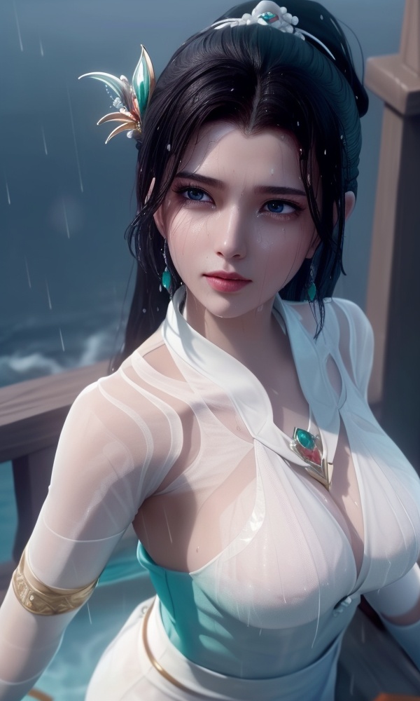 <lora:516-DA-万古狂帝-楚柳儿:0.8>(,1girl, ,best quality, ),looking at viewer, ,ultra detailed 8k cg, ultra detailed background, ultra realistic 8k cg,  ,masterpiece((((1girl, solo,  , ,solo focus, wet,sweat, ocean,rain, water drop, )))) (, , sweatdrop, flying sweatdrops, sweating profusely,colorful drop \(module\), )   clean, masterpiece,     cinematic lighting, cinematic bloom,   , unreal, science fiction, luxury, jewelry, diamond, gold, pearl, gem, sapphire, ruby, emerald, intricate detail, delicate pattern, charming, alluring, seductive, erotic, enchanting, hair ornament, necklace, earrings, bracelet, armlet,halo,