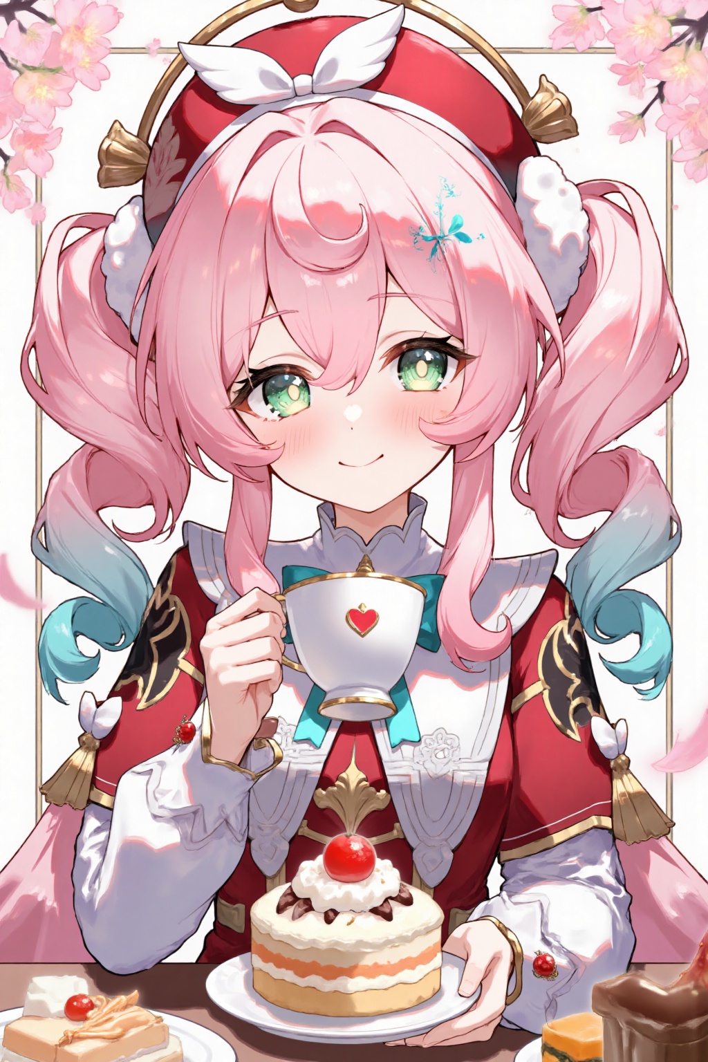 hyacine,1girl,food,pink hair,cake,smile,twintails,red headwear,cup,solo,multicolored hair,looking at viewer,long sleeves,hat,holding,teacup,gradient hair,flower,drill hair,green eyes,official alternate costume,