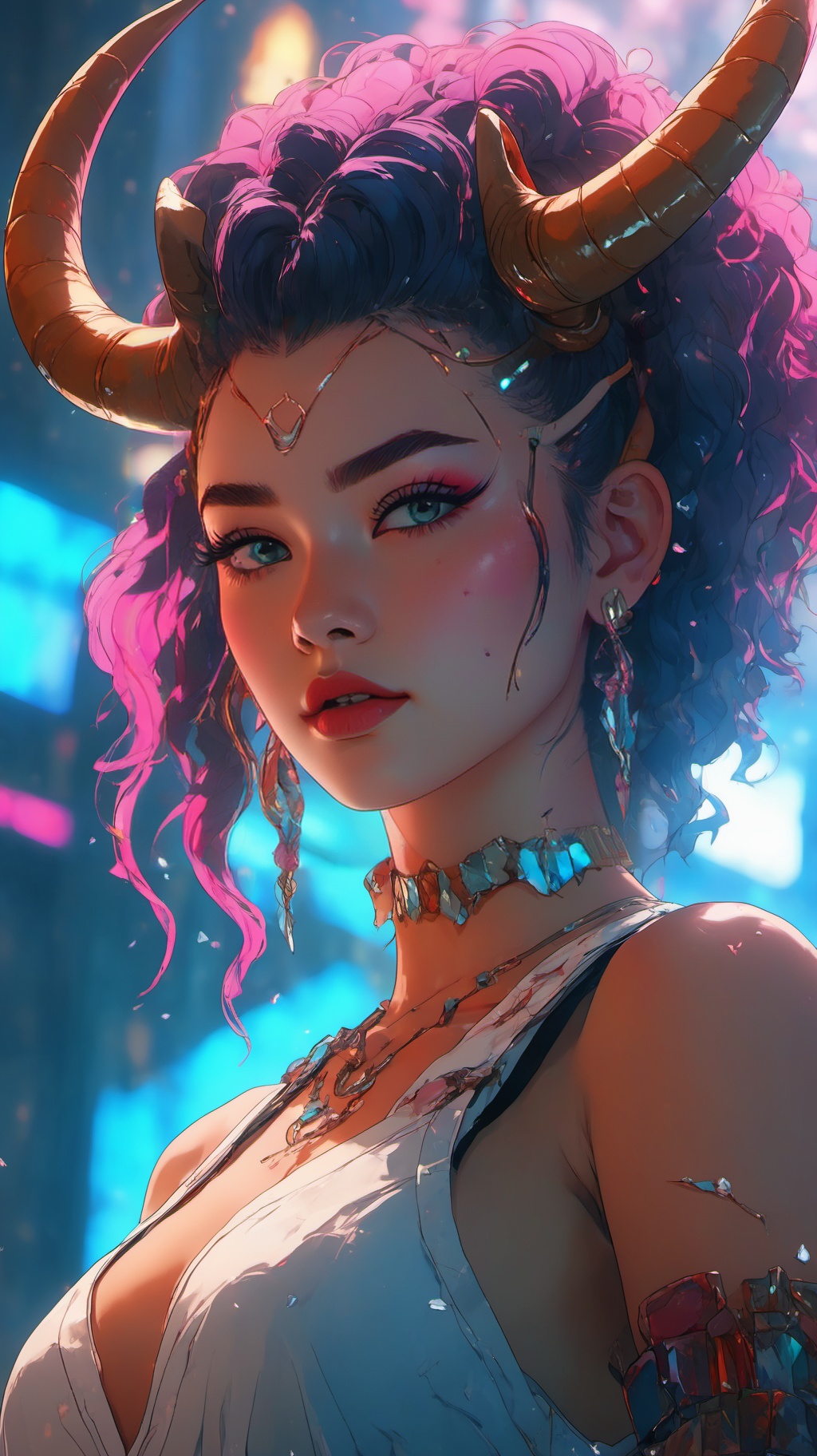 neonpunk style 1girl,two horns on the head,look at the audience,photo,8k,intricate,highly detailed,majestic,digital photography,broken glass,(masterpiece, sidelighting, finely detailed beautiful eyes:1.2),hdr,realistic,high definition,<lora:SSDXL_acred_beast_Illustration:0.7>, . cyberpunk, vaporwave, neon, vibes, vibrant, stunningly beautiful, crisp, detailed, sleek, ultramodern, magenta highlights, dark purple shadows, high contrast, cinematic, ultra detailed, intricate, professional