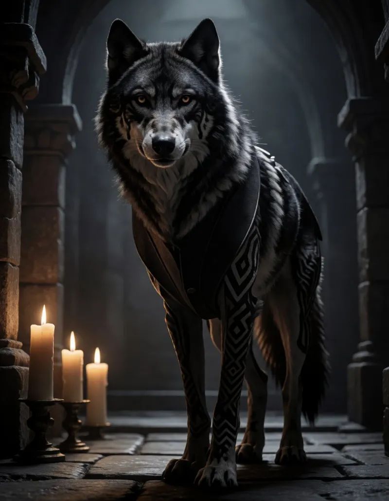 an armored wolf,  with predatory markings,  tribal motifs or species-specific coloration that make the design memorable on...
