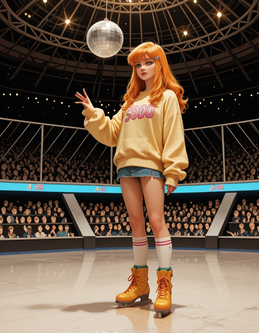 80s style of young woman A retro roller skating rink with a glittering disco ball overhead,  where skaters glide around to...