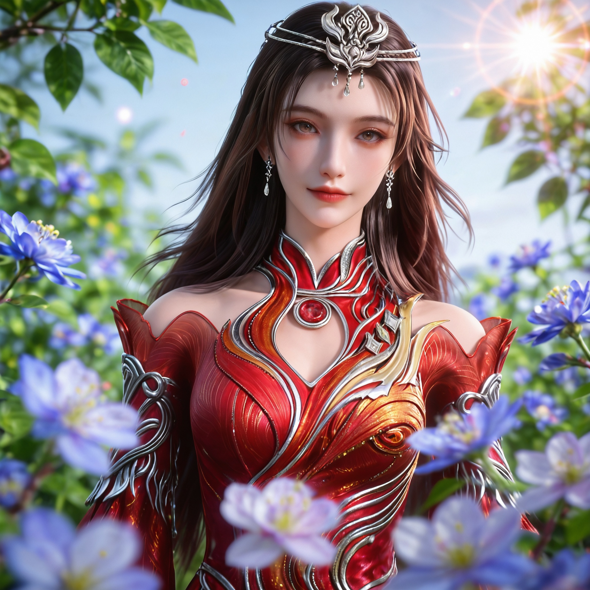 <lora:神墓3-灵尸雨馨Pony:0.7> 1girl,  long hair, brown hair, hair ornament, dress,  jewelry, bare shoulders, earrings, detached sleeves, clothing cutout, bare legs,  red nail polish,red dress, tiara, arm tattoo,, realistic style,white background,upper body,looking at viewer,dynamic posture,, realistic style photo,outstanding style,adding a touch of dimension to your images without compromising details,whirls of vapor,ethereal ambiance,delicate details,magical atmosphere,concept art,highly detailed,ultra-high resolution,32K UHD,sharp focus,best-quality,masterpiece,golden hour,unconventional supreme masterpiece,masterful details,temperate atmosphere,with a high-end texture,in the style of fashion photography,magazine style,Dynamic Angle,Dynamic posture,(cowboy_shot:1.2),depth of field,lens flare,extreme aesthetic,masterpiece,best quality,good quality,newest,year 2025,very aesthetic,absurdres,Visual impact,A shot with tension,ultra-high resolution,32K UHD,sharp focus,best-quality,masterpiece,Emotionalization,unconventional supreme masterpiece,masterful details,temperate atmosphere,with a high-end texture,in the style of fashion photography,(Visual impact:1.2),giving the poster a dynamic and visually striking appearance,, solo,  upper body, blue flower, looking at viewer, snowflakes, closed mouth, branch,