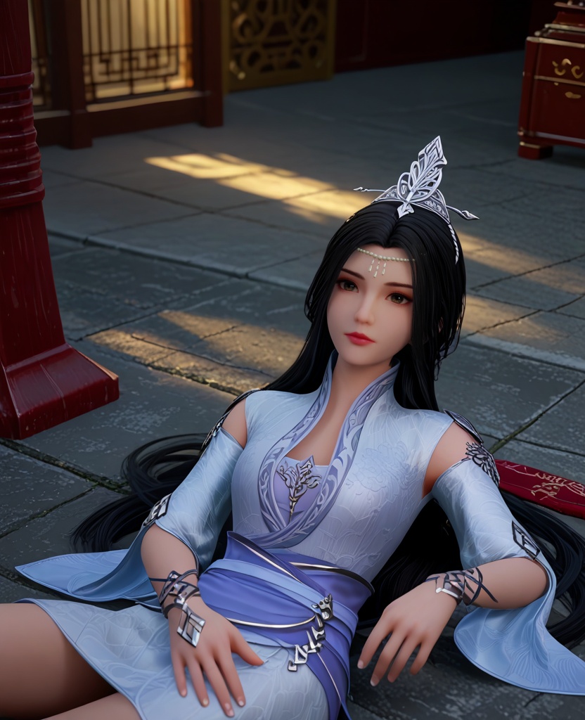 (oriental architecture, elegant decor, sophisticated style:1.1),(on back:1.1),(breasts:1.2),<lora:XL神墓楚月:0.95>,miss chuyue,silver dress,sash,detached sleeves,brown eyes,black hair,long hair,hair ornament,wrist cuffs,, score_9,score_8_up,score_7_up,score_6_up,score_5_up,score_4_up,3d rendering,tag1,tag2, Cinematic Lighting,backlighting,