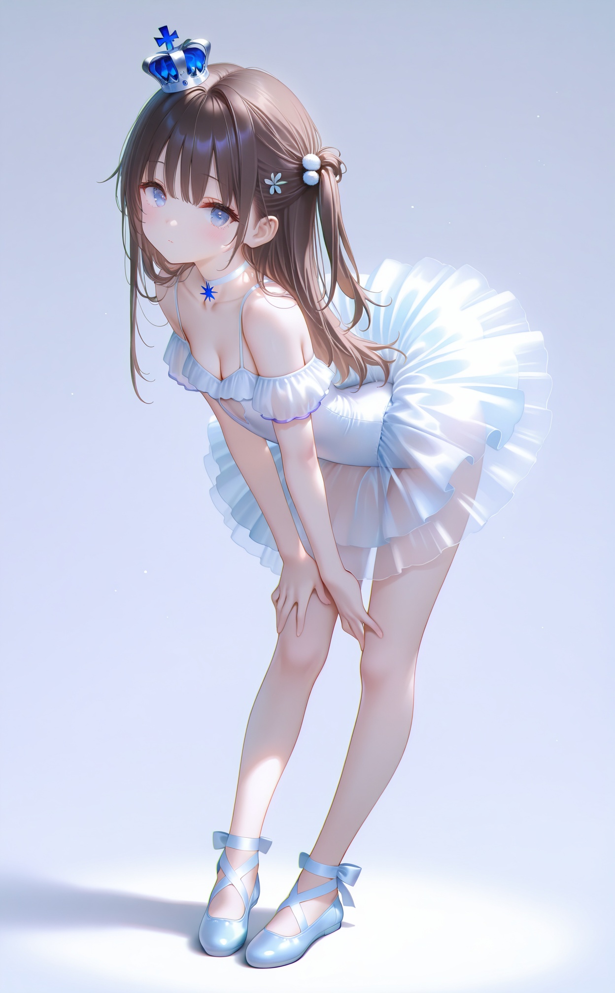 masterpiece,very aware,highres,absurdres,newest,best quality,loli,petite,high quality,chromatic_aberration,White Theme,//,1girl,tutu,ballerina,solo,breasts,ballet slippers,brown hair,ballet,crown,athletic leotard,looking at viewer,leotard,bare shoulders,collarbone,full body,arched back,see-through,cleavage,mini crown,bangs,small breasts,dress,hair ornament,one side up,blue eyes,simple background,purple eyes,long hair,//,photorealistic,Artist:na-ga,(quasarcake:0.2),(wanke:0.9),[Artist:chen bin],Artist:tidsean,[Artist:sk (askzy)],(artist:tokkyu:0.5),(artist:momoko (momopoco):0.5),Artist:himitsu_(hi_mi_tsu_2),//,<lora:nyalia2——【noob】hans:0.7>,<lora:shaoyan2——【noob】hans:0.4>,<lora:PVC5——【noob】hans:0.4>,