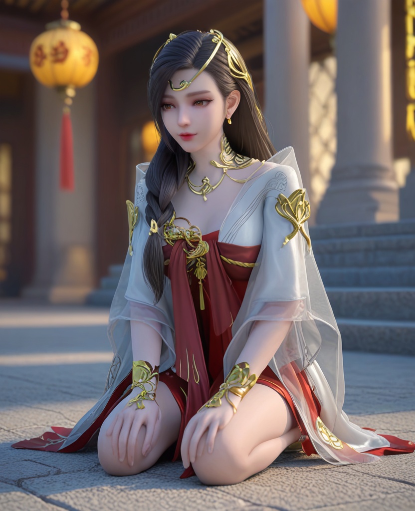 (oriental architecture, elegant decor, sophisticated style:1.1),(Kneeling with one knee on the ground, head tilted,:1.1),(breasts:1.2),<lora:XL雪鹰领主许琴:0.95>,miss xuqin,chest-length ru skirt,black hair,long hair,see-through sleeves,circlet,jewelry,obi,bracelet,brown eyes,hair ornament,braid,lips,, score_9,score_8_up,score_7_up,score_6_up,score_5_up,score_4_up,3d rendering,tag1,tag2, Cinematic Lighting,backlighting,
