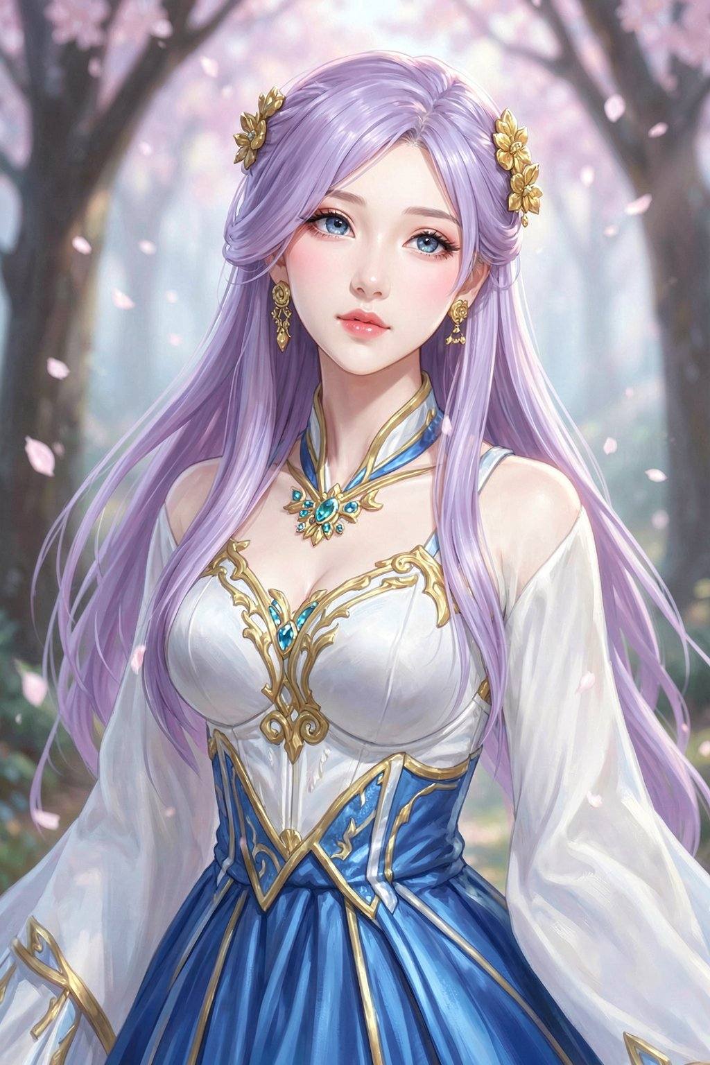 <lora:20260210_TinFlux2KleinAnimeLora2:0>, A captivating, idealized portrait of a young Asian woman, estimated age range of 18-25, presented in a refined, fantasy-inspired style. She possesses delicate facial features, including large, expressive blue eyes, a gently upturned nose, and full, subtly pink lips. Her long, flowing hair is a soft, ethereal lavender, adorned with a golden floral hairpin and intricate golden earrings. The woman is dressed in a meticulously designed traditional Chinese-inspired gown, a stunning combination of pristine white and vivid blue. The bodice is white, embellished with ornate golden details, and features an intricate neckline and sparkling blue gems. The sleeves are long and flared, with golden accents, complementing the blue skirt. The fabric appears to be silk or a similar luxurious material, with visible texture. Her pose is serene, with a slight tilt of her head, and her expression is gentle. The background presents a soft, out-of-focus forest scene, with blurred trees and floating cherry blossom petals, bathed in a diffused, atmospheric light, evoking a mystical and dreamlike mood, rendered in a painterly style. The composition is a medium shot, framing the woman from the chest up, highlighting her exquisite attire and ethereal beauty. Digital art, ultra-detailed, fantasy illustration, volumetric lighting.