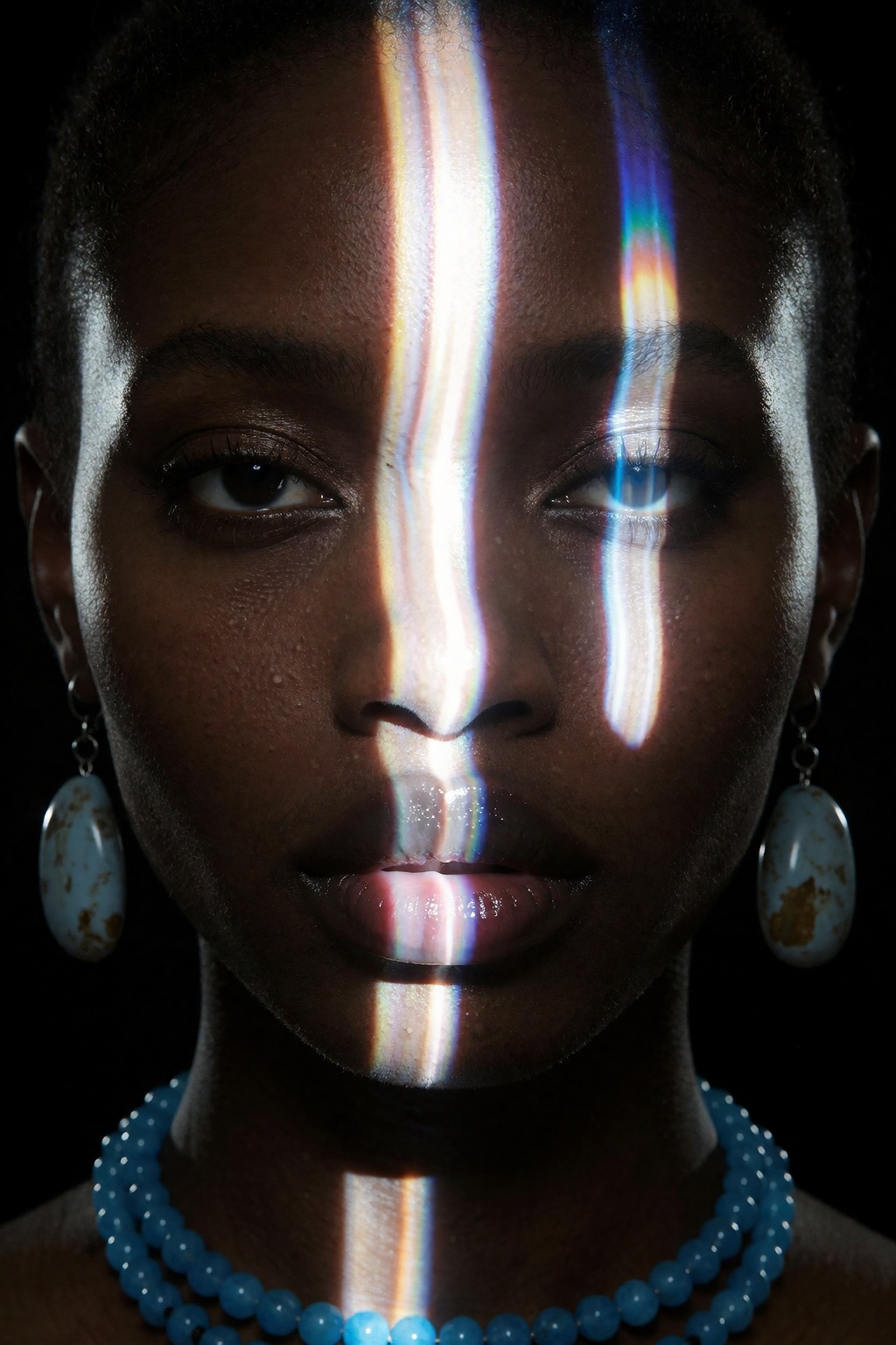 close-up dark-skinned portrait,  intense vertical light flare down center face,  glowing streaks over eyes on Tensor.Art