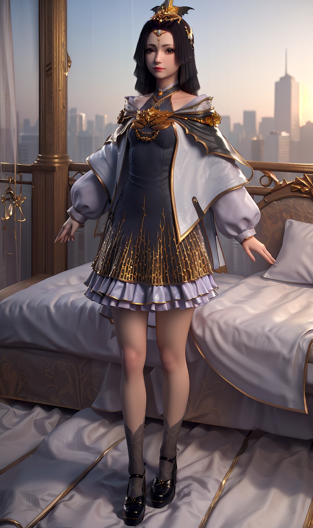 3D,masterpiece,(best quality),(makeup),official art, extremely detailed cg 8k wallpaper,((crystalstexture skin)), (extremely delicate and beautiful),(highly detailed),(face),(collar),(tiara),(crown),(headdress),(1girl), (solo), (jewelry), (earrings),(black_hair),(long_hair),(hair_ornament),(handwear),(small_breasts),((standing)),((full_body,whole_body)),(dress),(shorts_skirt),(shiny_clothes),long_legs,(city,outdoor,bed),(multicolored_clothes),(multicolored_dress),,((looking_at_viewer)),((Facing the camera)),(shoes),(socks),, <lora:hipoly3DModelLora_v10:0.3>