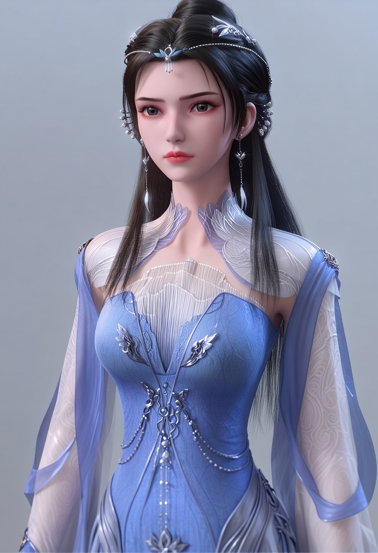 score_9,high detail,best quality,cinematic lighting,volumetric lighting,shiny skin,shiny,nsfw,1girl,solo,black_eyes,breasts,earrings,jewelry,realistic,dress,long hair,blue dress,black hair,looking at viewer,simple background,expressionless,hair ornament,closed mouth,tiara,long sleeves,upper_body,thighs,<lora:QQSponylimuwanshufaV1:0.8>,<lora:Pony_DetailV2.0:0.8>,<lora:皮肤凹痕:0.1>,