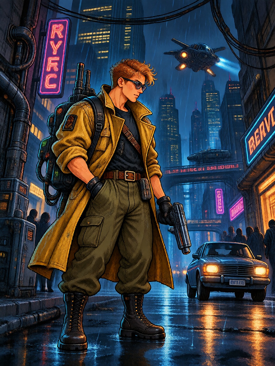 A cyberpunk detective wearing a yellow trench coat standing in a futuristic city at night,  neon signs,  flying vehicles o...