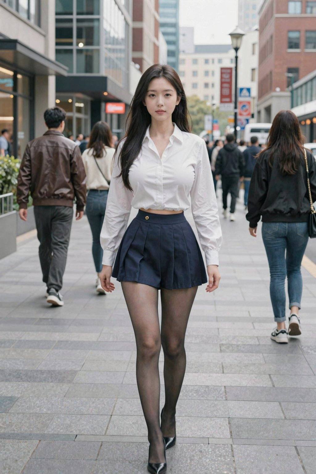 The image is a high-resolution photograph taken in an urban street setting during daylight hours. The central subject is a young Asian woman walking confidently towards the camera. She has long, straight black hair cascading down her back. She is wearing a white, long-sleeved button-up blouse with the top few buttons undone, revealing a hint of her midriff, and a short, navy blue pleated skirt with gold buttons at the waist. Her outfit is complemented by sheer black tights and black high-heeled shoes. Her makeup is minimal, with a focus on natural tones.In the background, the street is lined with modern buildings, some with glass facades and others with brick exteriors. Several people are visible walking in the opposite direction, including a man in a brown leather jacket, a woman in a white sweater, and another woman in a black jacket. The street is paved with light gray tiles, and there are street lamps and signs, adding to the urban ambiance. The overall mood of the image is modern and chic, capturing a moment of everyday life in a city.