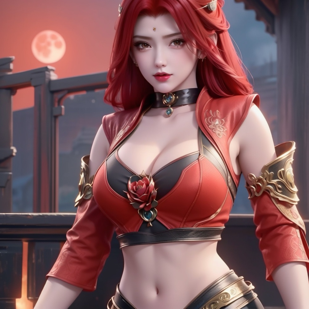 <lora:斗破苍穹-唐火儿:0.8>,red hair,  (,1girl, ,best quality, ),looking at viewer,  ,,ultra detailed background,ultra detailed background,ultra realistic 8k cg,, ,masterpiece, (( , )),, ,science fiction,mole, ,    ,red moon, black rose,     (cleavage), (),