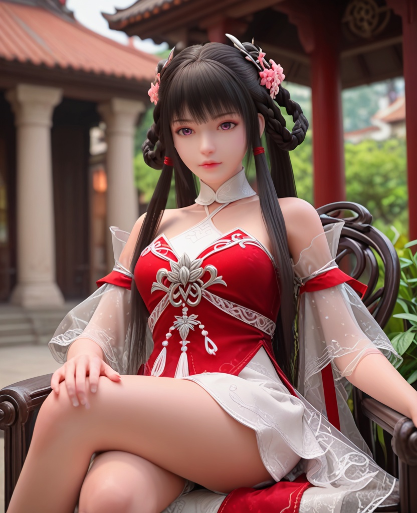 (oriental architecture, elegant decor, sophisticated style:1.1),Sitting, on a chair, one leg crossed over the other,,(breasts:1.2),<lora:XL完美世界少女火灵儿:0.9>,miss huolinger,solo,red corset with white minidress underneath,see-through fart curtain,see-through sleeves,purple eyes,bangs,hair rings,hair flower,black hair,long hair,hanging hair,twintails,tassel,, zPDXL2, score_9, score_8_up, score_7_up BREAK realistic, masterpiece,best quality, highly detailed,, zPDXL3, zPDXL2,zPDXL, zPDXLxxx, zPDXLrl,