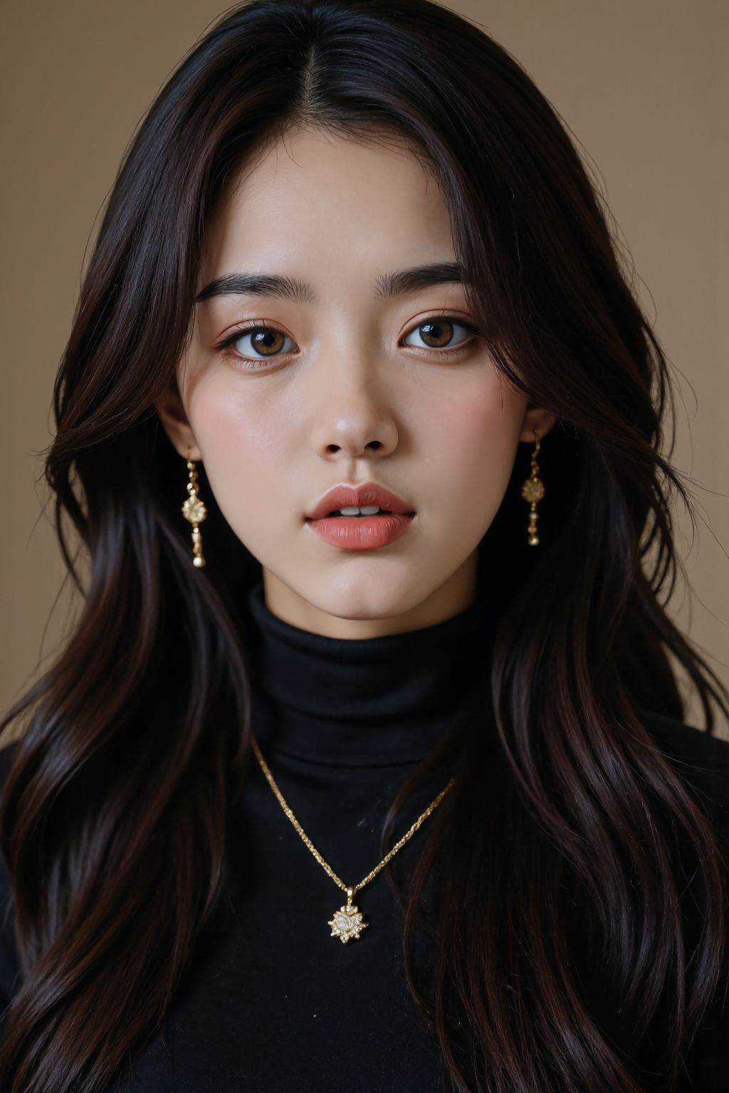 HDR photo of cinematic film still young woman, solo, long hair, looking at viewer, brown eyes, black hair, jewelry, parted lips, necklace, lips, realistic, realistic skin, turtleneck sweater