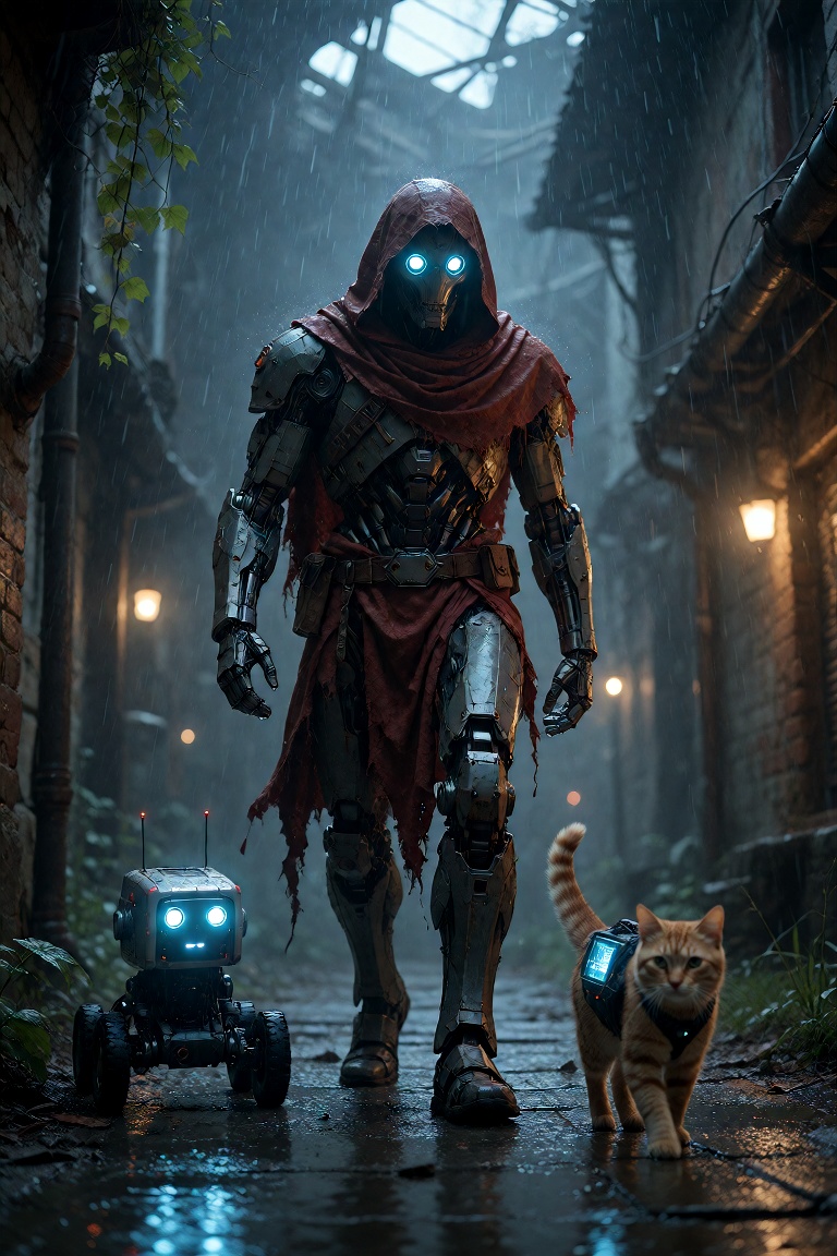 A towering humanoid figure cloaked in tattered crimson fabric stands in the rain-drenched alleyway beneath a broken sky,...