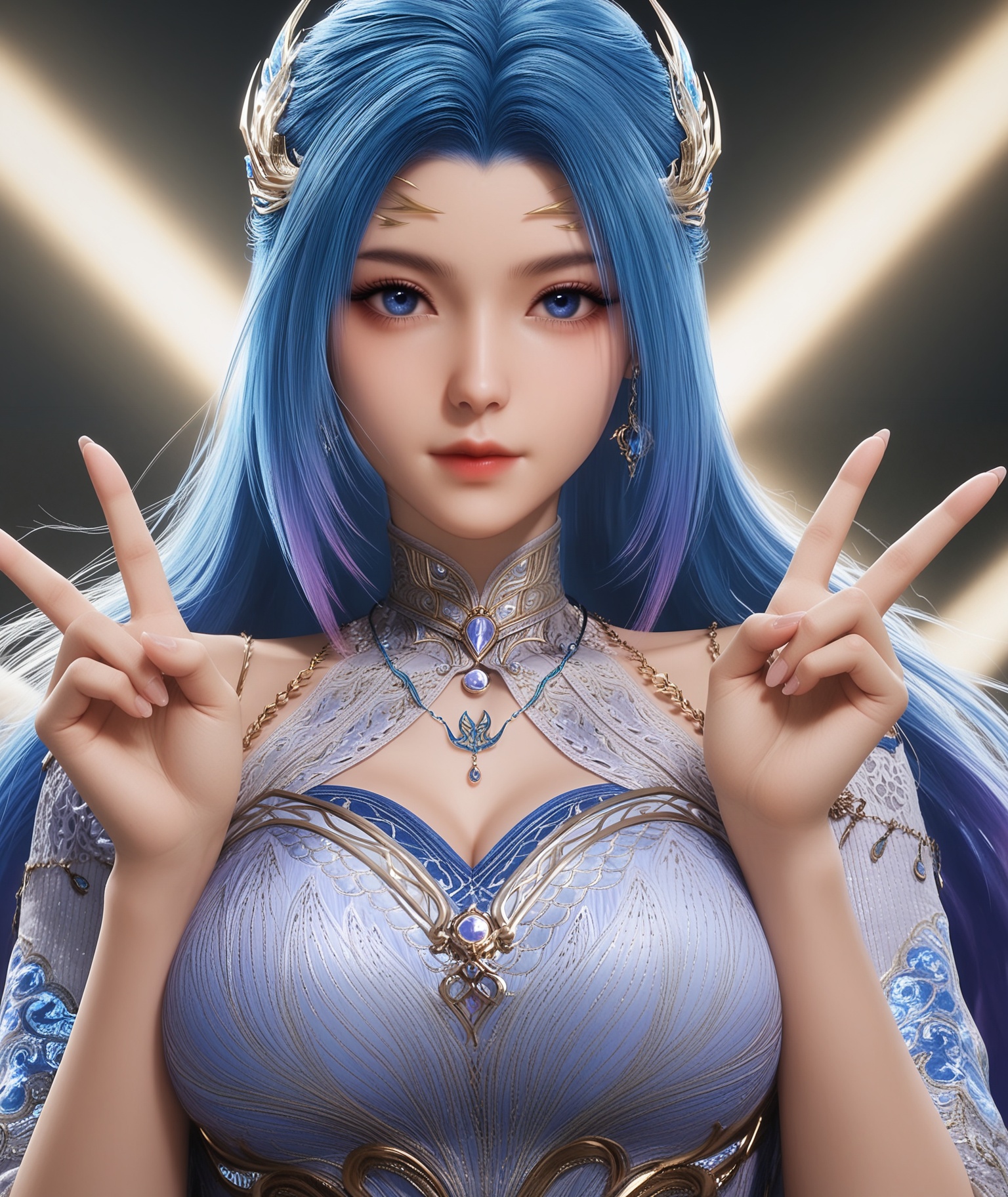masterpiece,best quality,absurdres,highres,BREAK(glamor:1.1),slender,1girl,solo,<lora:唐舞桐-ill:0.82>,long hair,blue hair,hair ornament,gradient hair,blue eyes,jewelry,earrings,necklace,high collar,clothing cutout,dress,detached sleeves,(large breasts),looking at viewer,front view,upper body,(double v),BREAKsimple background,black background,rim light,Tyndall effect,Volumetric Lighting,Cinematic Lighting,realistic,