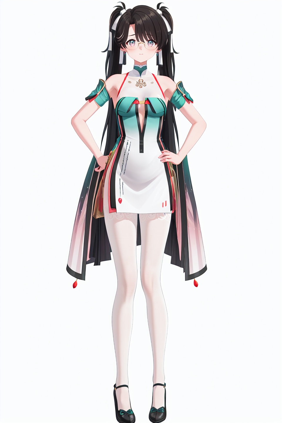 8k, best quality, masterpiece, (ultra-detailed), (white background,simple background), solo, (hands on hip:1.1), (full body:1.1), looking at viewer, <lora:zhezhi-sd-Tanger:0.8>, zhezhi, default clothes, white pantyhose, 1girl, long hair, black hair, glasses, twintails, dress, black footwear, 