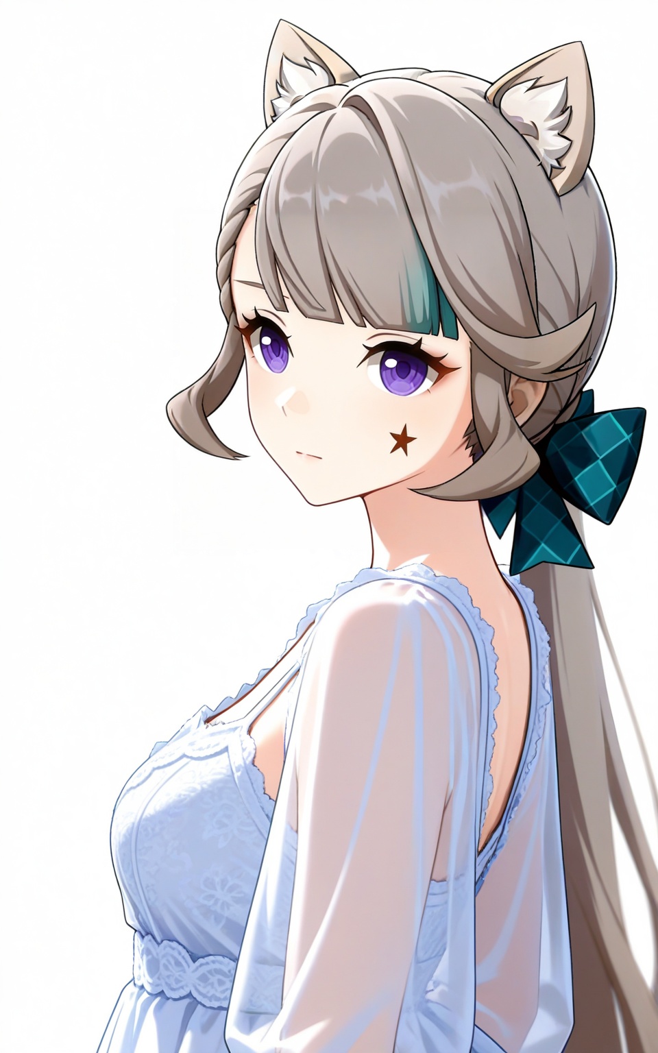 depth of field,masterpiece,best quality,very aesthetic,alternate costume,alternate costume,2024,2023,perfect composition,ultra-detailed,extreme aesthetic,masterpiece,best quality,good quality,newest,year 2024,year 2023,very aesthetic,absurdres,looking_at_viewer,colorful,white_background,simple background,upper_body,see-through,dress,<lora:琳妮特·衣服百搭款ILL:0.8>,animal ear fluff,lynette \(genshin impact\),grey hair,streaked hair,green hair,braid,low ponytail,purple eyes,blunt bangs,cat girl,hair bow,huge bow,star facial mark,