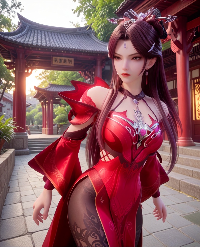 (oriental architecture, elegant decor, sophisticated style:1.1),(Walking with a confident stride, looking determined,:1.1),(breasts:1.2),<lora:XL宗门卧底萧媚:0.95>,miss xiaomei,red dress,choker,detached sleeves,brown eyes,brown hair,forehead pendan,long hair,hair ornament,black pantyhose,earrings,jewelry,hanging hair,, score_9,score_8_up,score_7_up,score_6_up,score_5_up,score_4_up,3d rendering,tag1,tag2, Cinematic Lighting,backlighting,