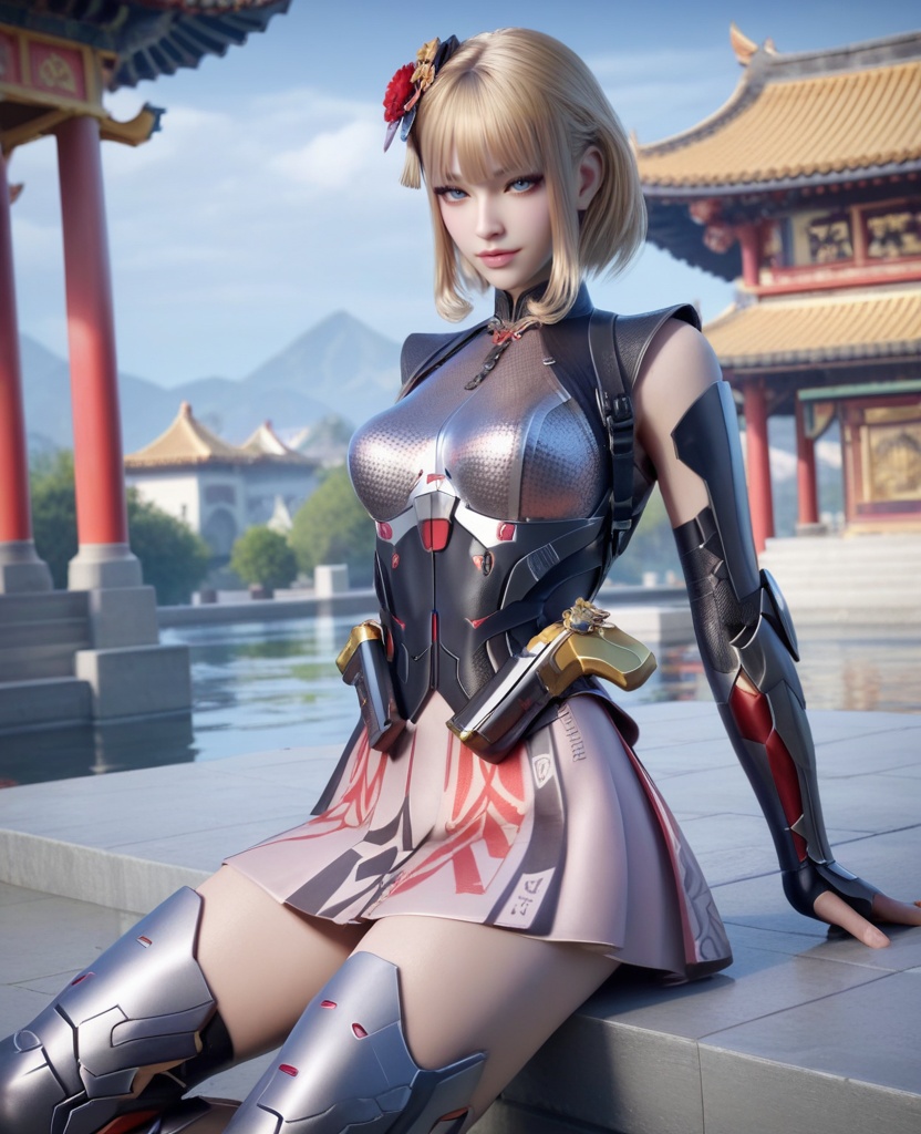 (oriental architecture, elegant decor, sophisticated style:1.1),(Sitting on the edge of a bed, looking thoughtful,:1.1),(breasts:1.2),<lora:XL穿越火线岚希儿灵魂舞者:0.95>,miss lanxier,chrome-fit battle top,neon pink skirt,blue eyes,blunt bangs,blonde hair,hair flower,black pauldrons,arm guards,armored high-heeled greaves,holstered,, score_9,score_8_up,score_7_up,score_6_up,score_5_up,score_4_up,3d rendering,tag1,tag2, Cinematic Lighting,backlighting,, zPDXL3, zPDXL2,zPDXL, zPDXLxxx, zPDXLrl,
