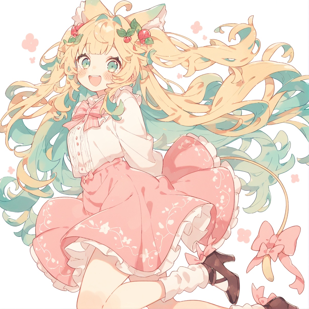 masterpiece, best quality ,1girl,, blonde hair, blue hair, blush, bow,  dress, food,  green hair, hair ornament, high heels, jenlen01, long hair,  open mouth, pink bow,  skirt, smile, socks, solo, tail bow, very long hair, white background, white shirt,  detail eyes,   <lora:ShangCanglin01-000004:0.8>,hide hands,  cowboys shot, arms behind back, pov face, 