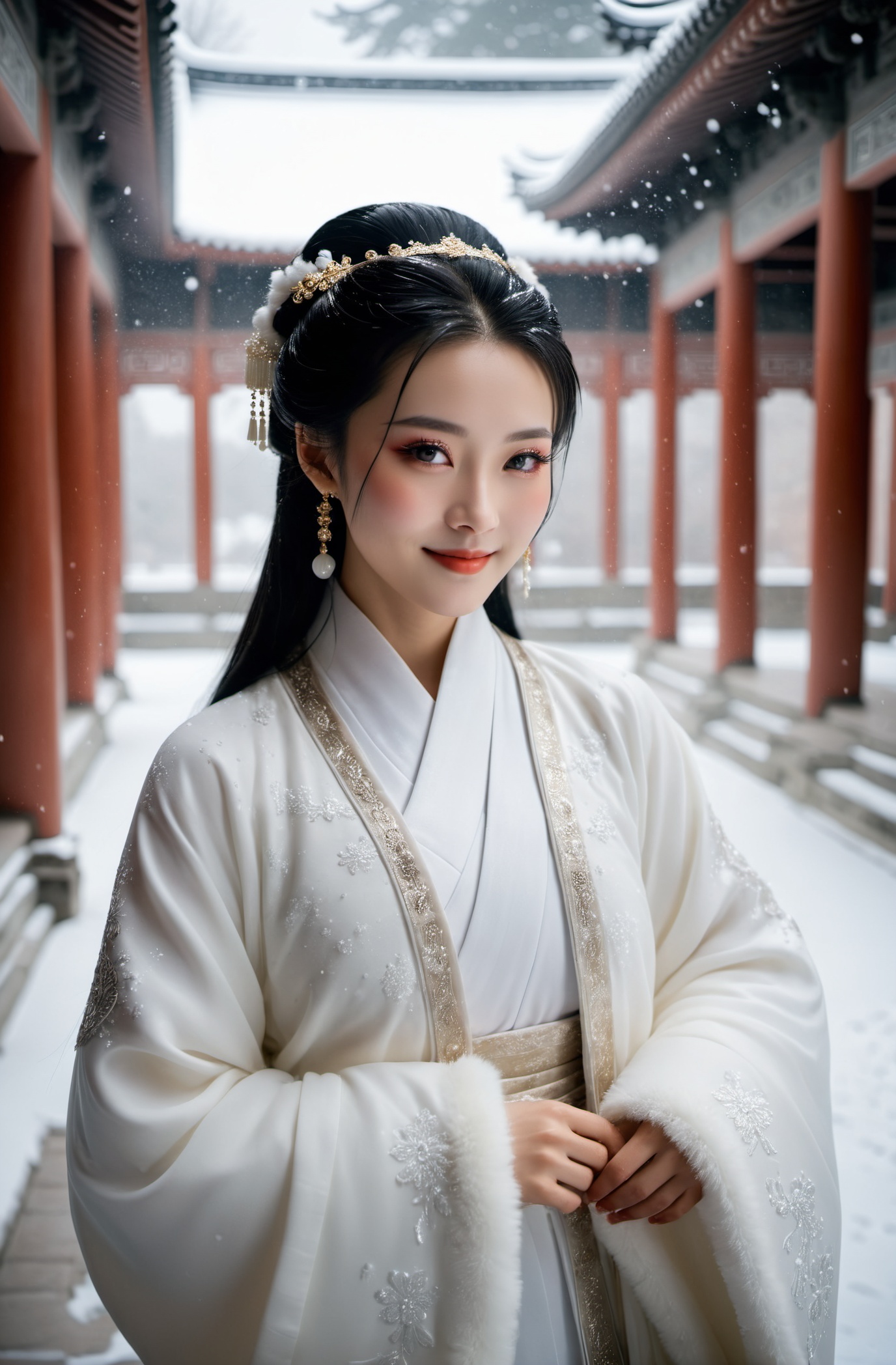 cinematic photo A Chinese (makeup) girl wearing a gorgeous white Hanfu and fur coat walks in an ancient palace under heavy...