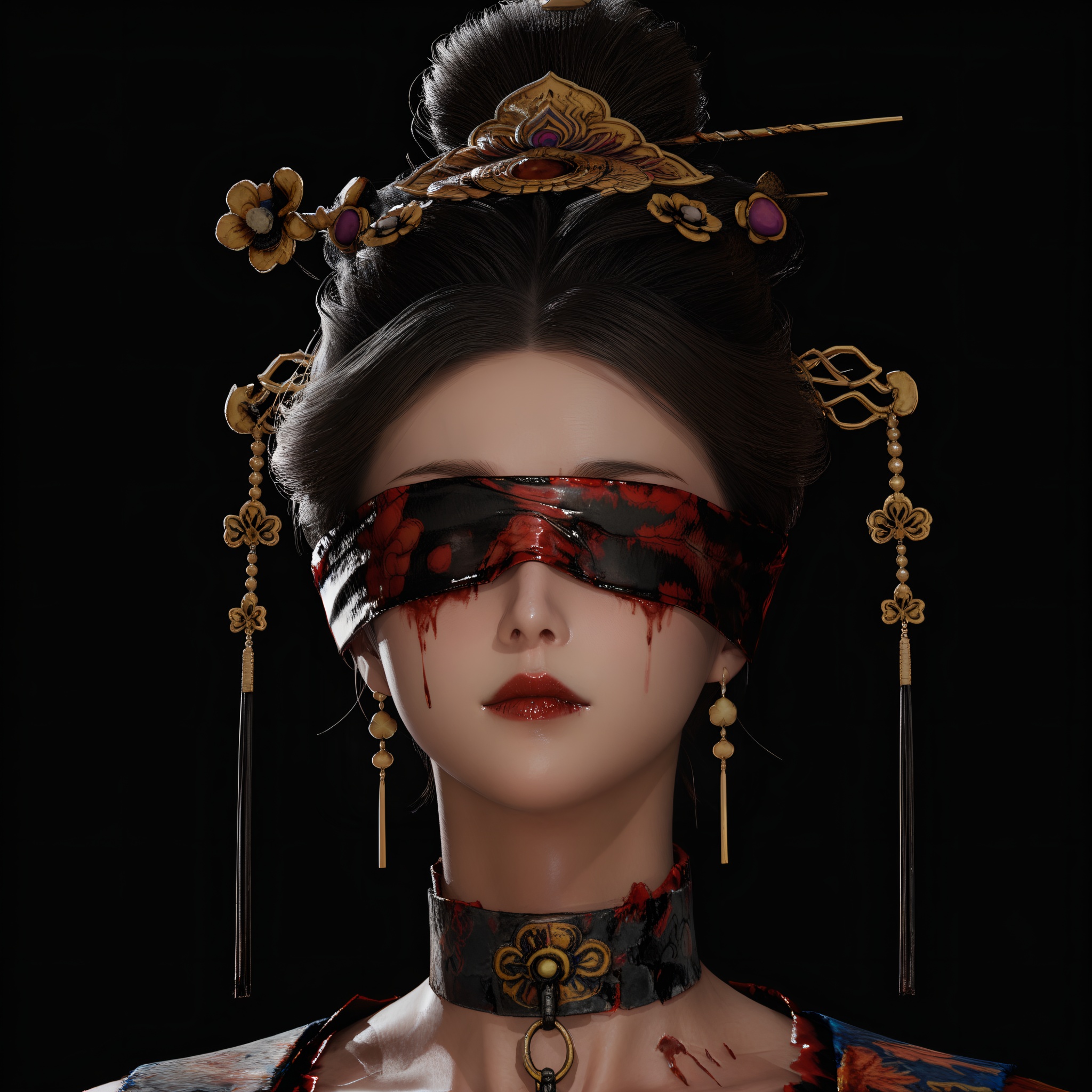 (score_9),front view,portrait,(focus on face),blindfold,solo,<lora:明末完美新娘-apony:0.85>,monster girl,hair ornament,updo,kanzashi,blood,tassel hair ornament,earrings,black hair,BREAK(dark_skin),light_skin,(Cinematic Lighting:1.1),simple background,black background,