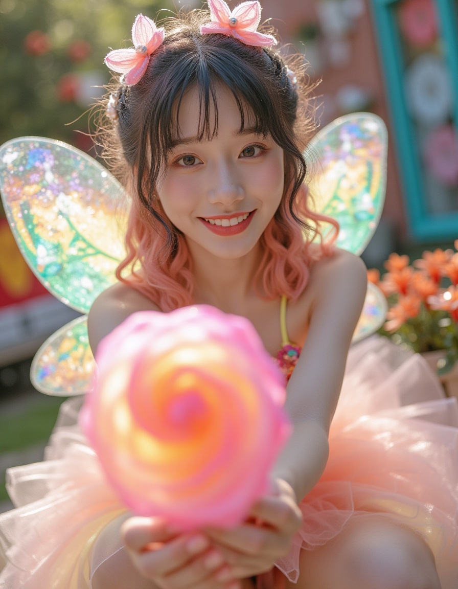 8k, Masterpiece, Top Quality, beautiful Korean woman, clear skin, wearing -like element bodice sexy cosplay, shiny colorful, cute, short tutu-like skirt of iridescent cellophane ruffles, tiny glittering fairy wings, pastel curly hair adorned with  beads and glitter, POV shot, she is offering a giant brightly colored swirl pop to viewer with a super sweet delighted smile, eyes sparkling, whimsical bright land garden setting, close-up shot.
