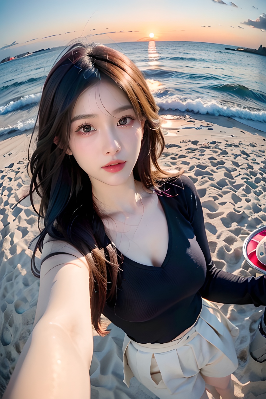 1girl,a woman takes a fisheye selfie on a beach at sunset, the wind blowing through her messy hair. The sea stretches out behind her, creating a stunning aesthetic and atmosphere with a rating of 1.2.,
